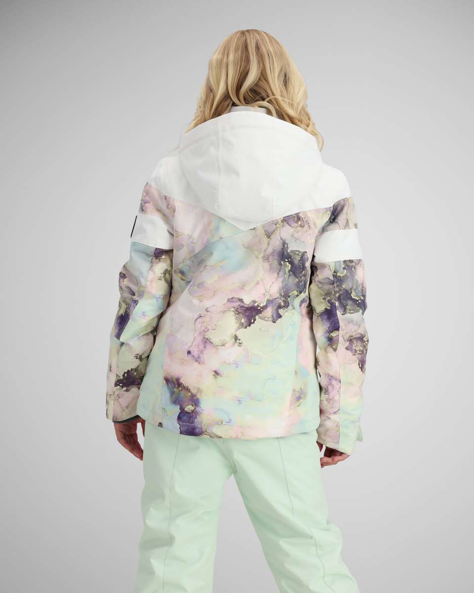 Obermeyer Girls Taja Print Insulated Jacket 2024 - A pastel-colored jacket with a purple and pink abstract pattern, featuring a hood and white accents on the shoulders.