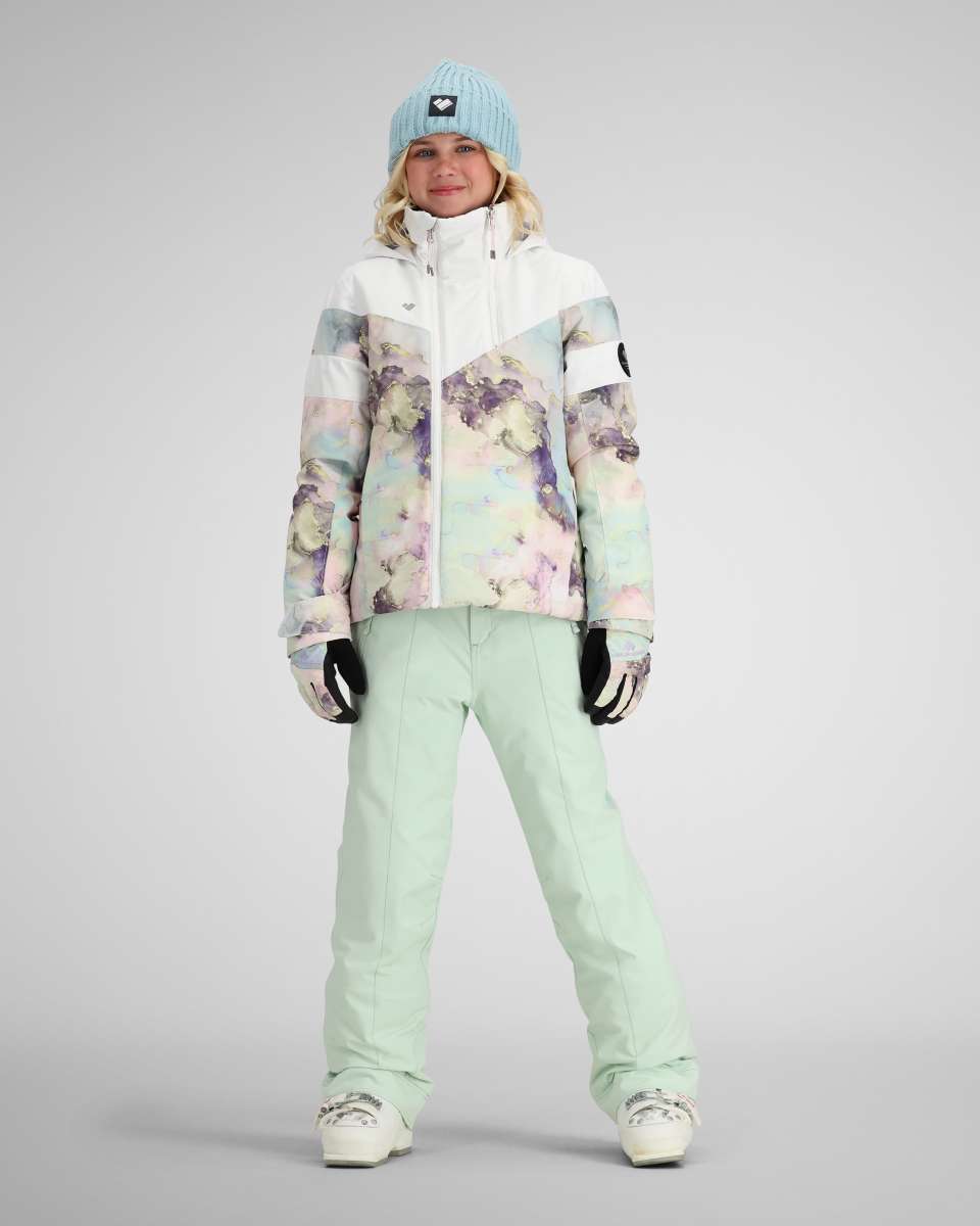 Obermeyer Girls Taja Print Insulated Jacket 2024 - A pastel-colored jacket with a multicolored abstract floral pattern on the front and sleeves, featuring a white collar and hood.