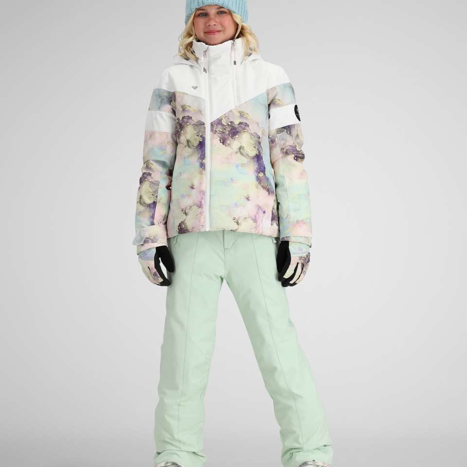 Obermeyer Girls Taja Print Insulated Jacket 2024 - A pastel-colored jacket with a multicolored abstract floral pattern on the front and sleeves, featuring a white collar and hood.