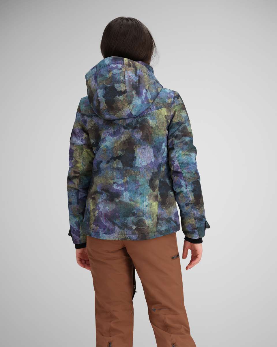 Obermeyer Girls Taja Print Insulated Jacket 2024 - A blue, green, and purple abstract patterned jacket with a hood.