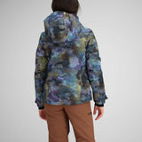 Obermeyer Girls Taja Print Insulated Jacket 2024 - A blue, green, and purple abstract patterned jacket with a hood.