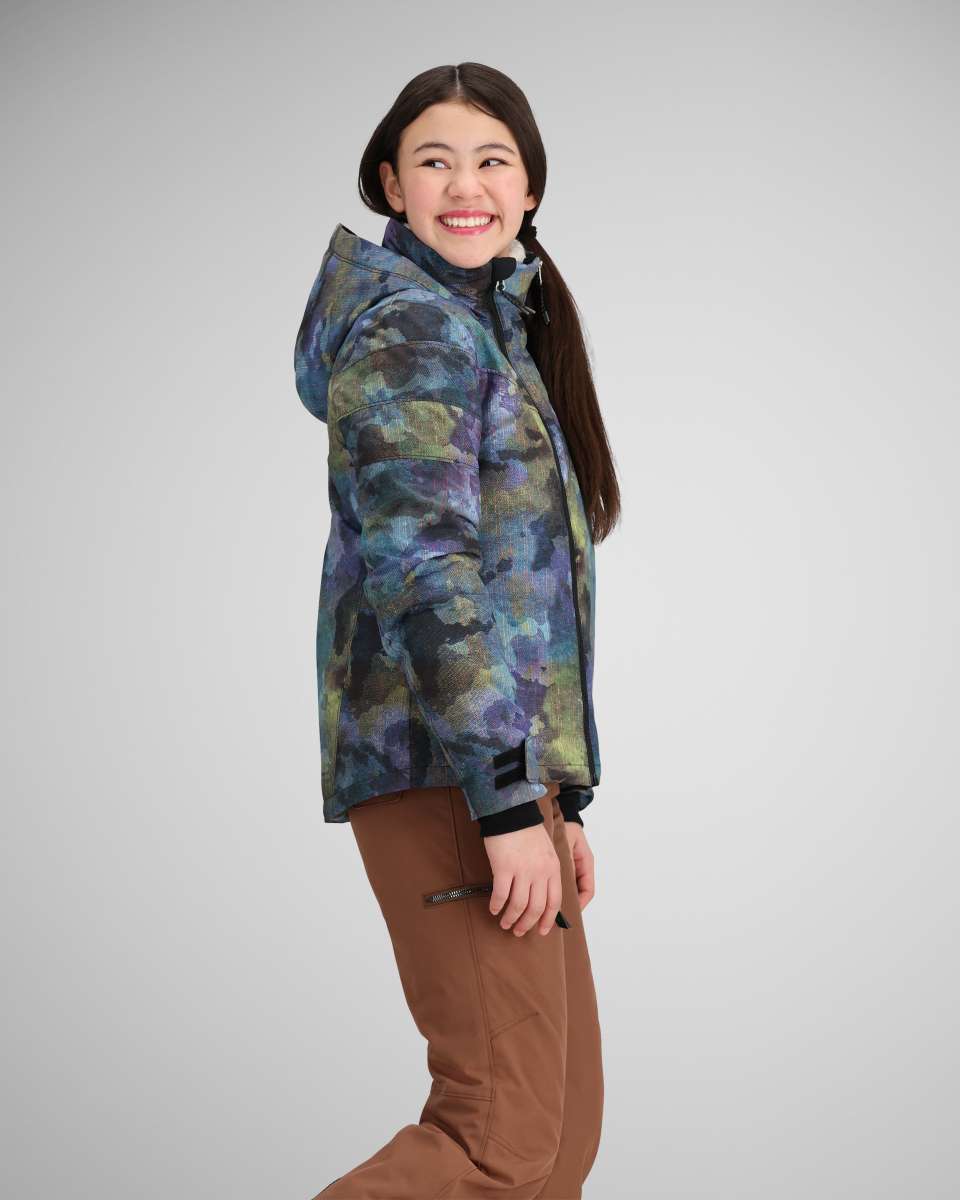 Obermeyer Girls Taja Print Insulated Jacket 2024 - A blue, green, and purple abstract floral pattern on a girl's jacket with a high collar and zippered pockets.