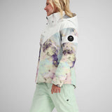 Obermeyer Girls Taja Print Insulated Jacket 2024 - A pastel-colored jacket with a purple and yellow abstract pattern on the front, back, and sleeves.