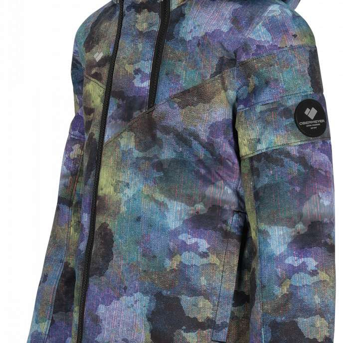 Obermeyer Girls Taja Print Insulated Jacket 2024 - A purple and green abstract floral print jacket with a hood, zipper closure, and two zippered pockets on the front.