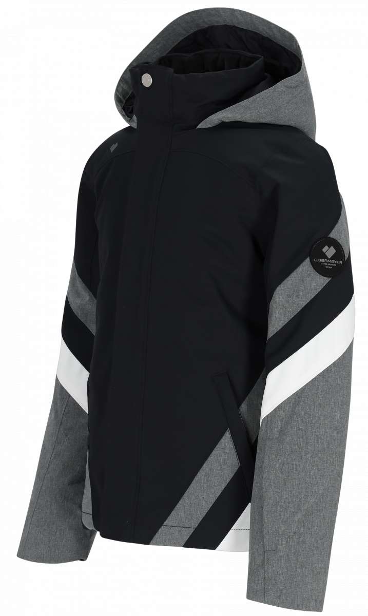Obermeyer Girls Taylor Insulated Jacket 2024 - A black insulated jacket with a hood and white zipper on the front.