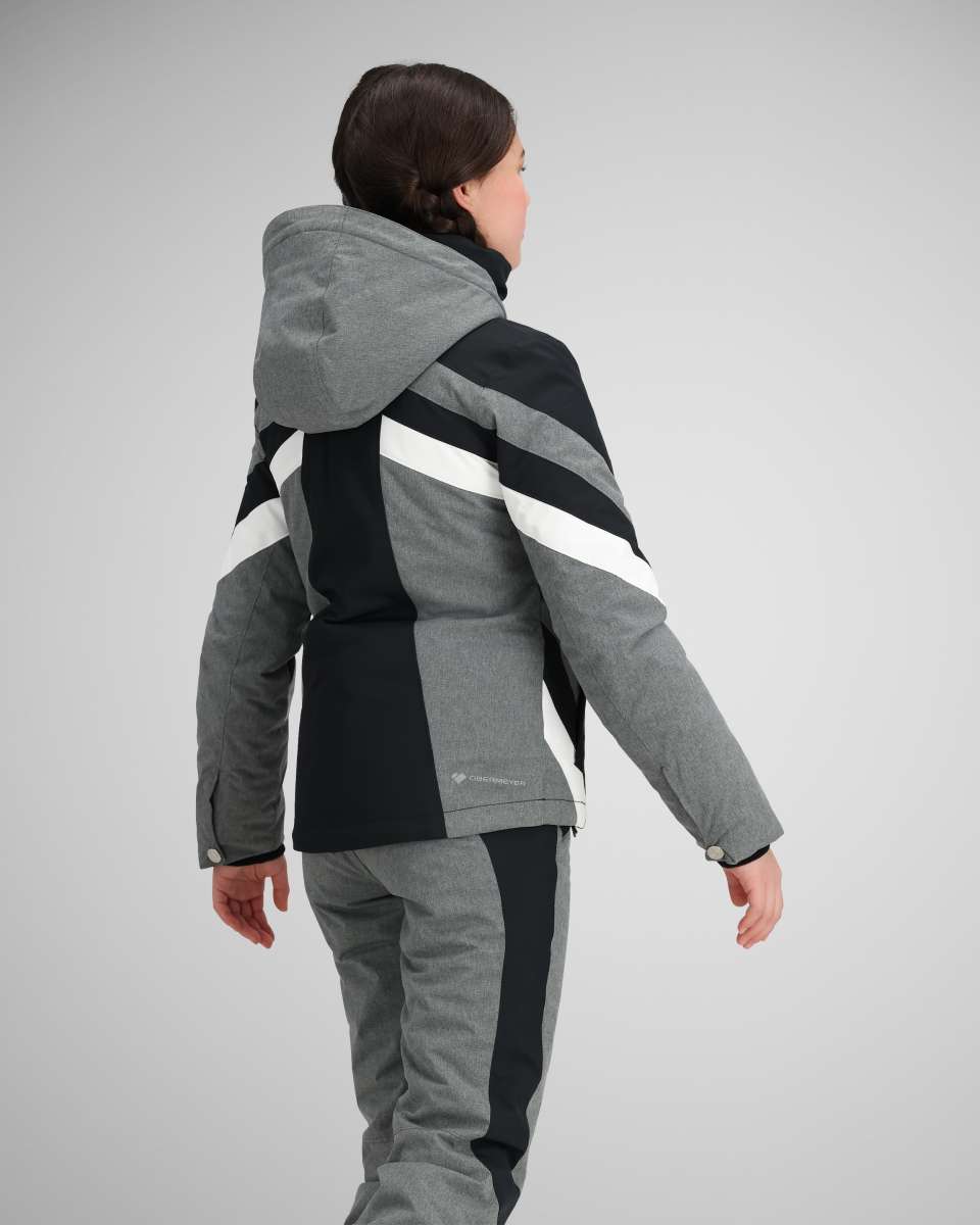 Obermeyer Girls Taylor Insulated Jacket 2024 - A grey and black jacket with a hood, featuring white stripes on the sleeves.