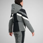Obermeyer Girls Taylor Insulated Jacket 2024 - A grey and black jacket with a hood, featuring white stripes on the sleeves.