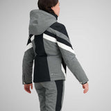 Obermeyer Girls Taylor Insulated Jacket 2024 - A grey and black jacket with a hood, featuring white stripes on the sleeves.