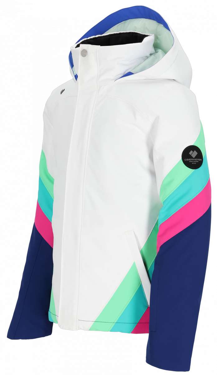 Obermeyer Girls Taylor Insulated Jacket 2024 - A white jacket with a blue stripe on the hood and pink, green, and light blue stripes across the chest and sleeves.