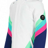 Obermeyer Girls Taylor Insulated Jacket 2024 - A white jacket with a blue stripe on the hood and pink, green, and light blue stripes across the chest and sleeves.