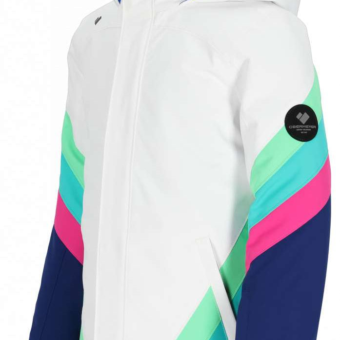 Obermeyer Girls Taylor Insulated Jacket 2024 - A white jacket with a blue stripe on the hood and pink, green, and light blue stripes across the chest and sleeves.
