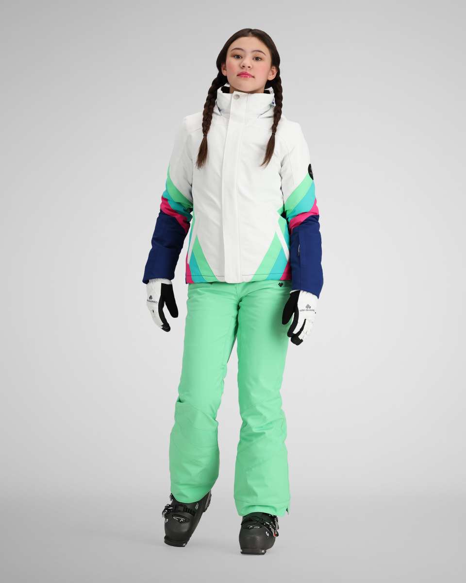 Obermeyer Girls Taylor Insulated Jacket 2024 - A white jacket with pink, green, and blue geometric shapes on sleeves.