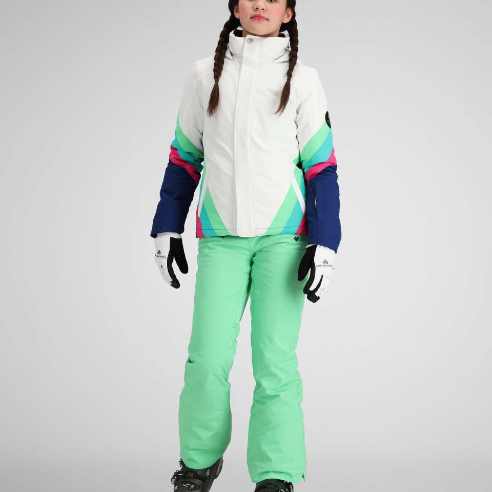 Obermeyer Girls Taylor Insulated Jacket 2024 - A white jacket with pink, green, and blue geometric shapes on sleeves.