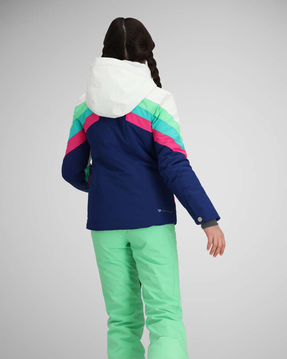 Obermeyer Girls Taylor Insulated Jacket 2024 - A navy blue jacket with a white hood and pink, green, and light blue stripes on the sleeves.