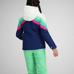 Obermeyer Girls Taylor Insulated Jacket 2024 - A navy blue jacket with a white hood and pink, green, and light blue stripes on the sleeves.