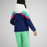 Obermeyer Girls Taylor Insulated Jacket 2024 - A navy blue jacket with a white hood and pink, green, and light blue stripes on the sleeves.