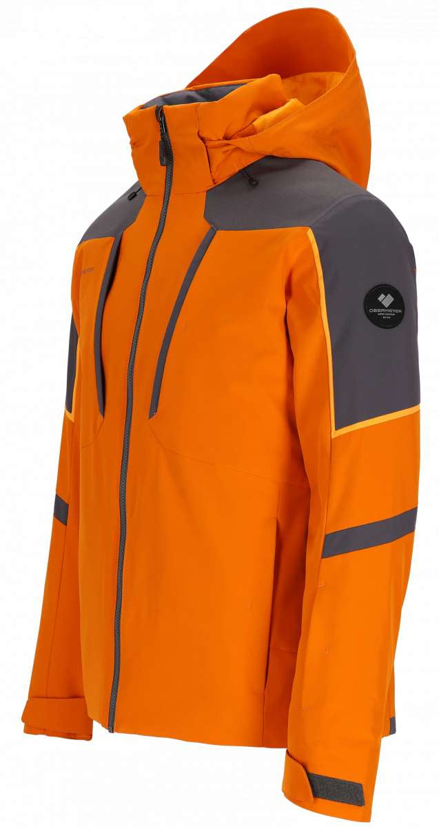 Obermeyer Foundation Insulated Jacket 2024 - A bright orange jacket with a gray hood and two zippered pockets on either side.