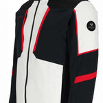 Obermeyer Foundation Insulated Jacket 2024 - A black insulated jacket with a white logo on the left chest and red accents along the zipper, cuffs, and hood.