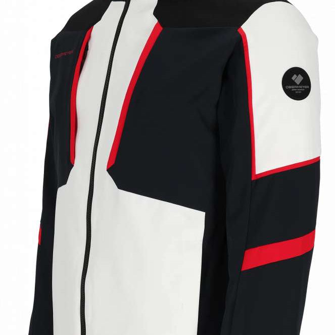 Obermeyer Foundation Insulated Jacket 2024 - A black insulated jacket with a white logo on the left chest and red accents along the zipper, cuffs, and hood.