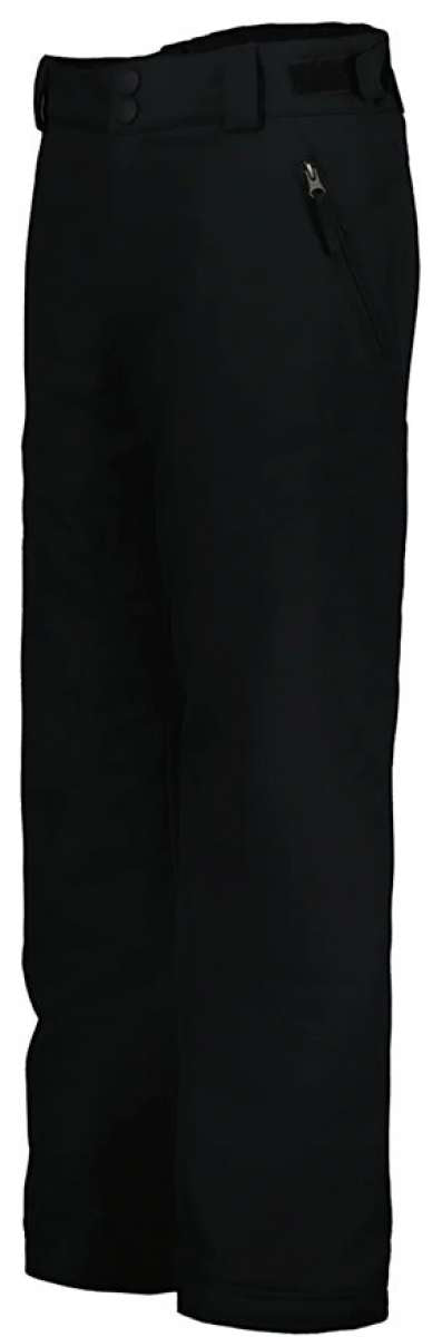 Obermeyer Junior's Timberline Insulated Pant 2024 - Black insulated ski pants with a zippered pocket on the right thigh and adjustable Velcro straps at the waist.