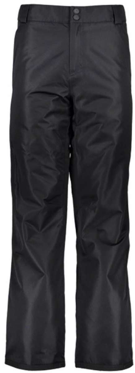Obermeyer Keystone Shell Pants Short 2024 - Black pants with a subtle white pattern on the left leg, featuring two black buttons at the waist and a zippered pocket on the right thigh.