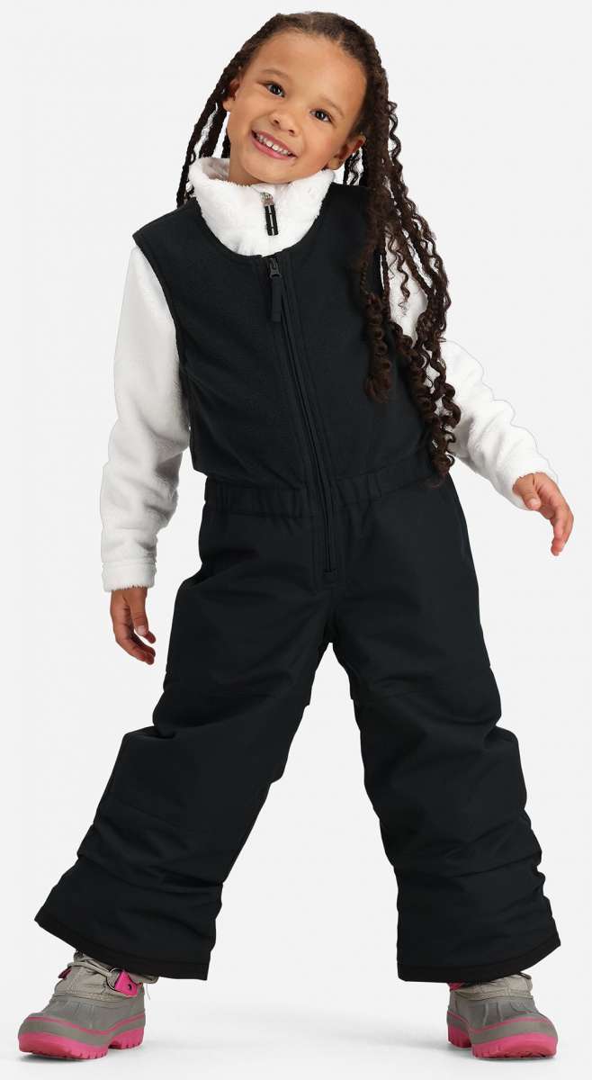 Obermeyer Kids Outer Limits Insulated Bib 2024 - A black insulated bib with a white zipper and adjustable straps on the waist.