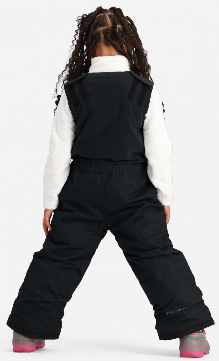 Obermeyer Kids Outer Limits Insulated Bib 2024 - A black insulated bib with a white logo on the left leg and a small pocket on the right side.