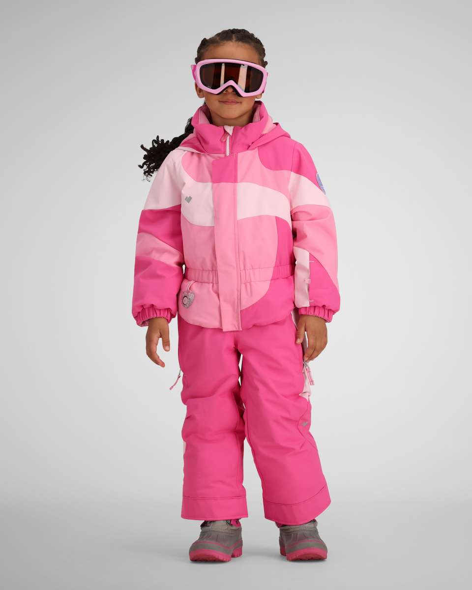 Obermeyer Kids Swirliana Insulated One Piece Suit 2024 - A pink and white one-piece snowsuit with a swirly pattern on the torso, featuring a hood and zipper closure.