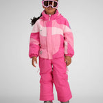 Obermeyer Kids Swirliana Insulated One Piece Suit 2024 - A pink and white one-piece snowsuit with a swirly pattern on the torso, featuring a hood and zipper closure.