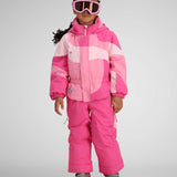 Obermeyer Kids Swirliana Insulated One Piece Suit 2024 - A pink and white one-piece snowsuit with a swirly pattern on the torso, featuring a hood and zipper closure.