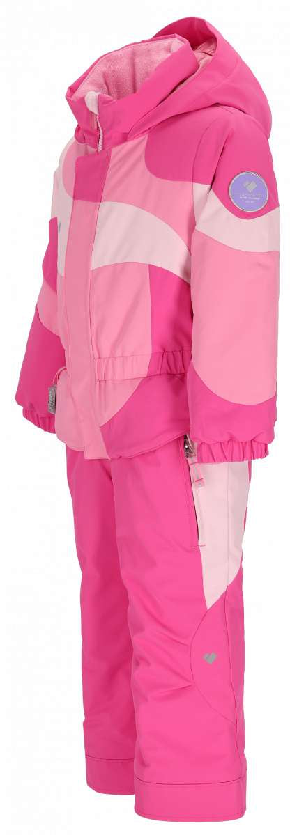 Obermeyer Kids Swirliana Insulated One Piece Suit 2024 - A pink and white one-piece snowsuit with a hood, featuring a swirling pattern on the torso and sleeves.