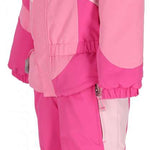 Obermeyer Kids Swirliana Insulated One Piece Suit 2024 - A pink and white one-piece snowsuit with a hood, featuring a swirling pattern on the torso and sleeves.