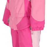 Obermeyer Kids Swirliana Insulated One Piece Suit 2024 - A pink and white one-piece snowsuit with a hood, featuring a swirling pattern on the torso and sleeves.