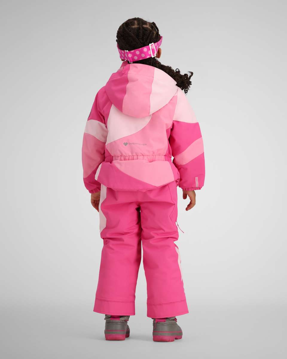 Obermeyer Kids Swirliana Insulated One Piece Suit 2024 - A pink and white one-piece snowsuit with a swirling pattern on the back, featuring a hood and zipper closure.