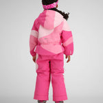 Obermeyer Kids Swirliana Insulated One Piece Suit 2024 - A pink and white one-piece snowsuit with a swirling pattern on the back, featuring a hood and zipper closure.
