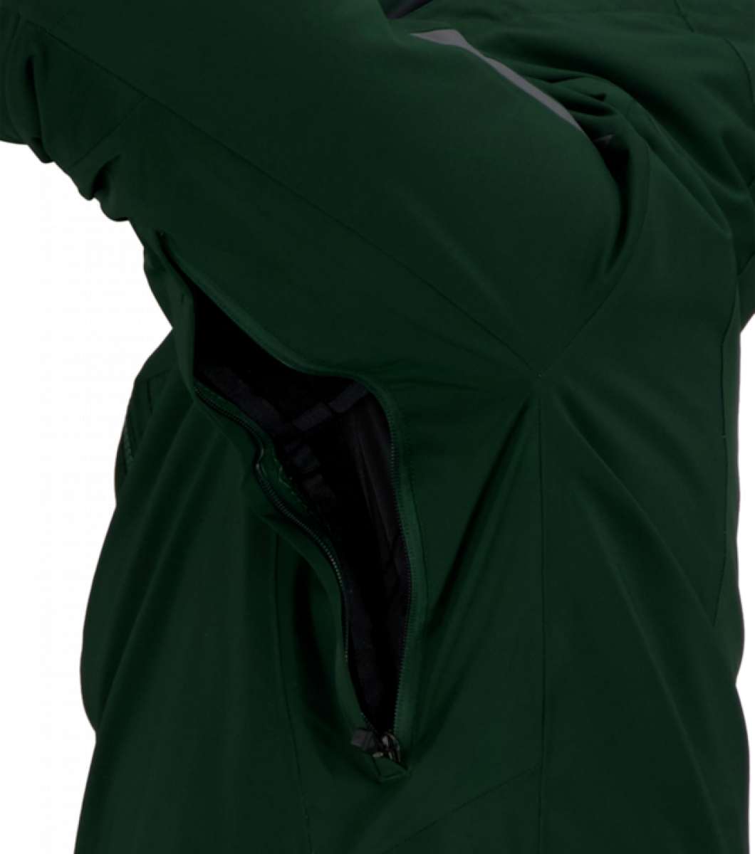 Obermeyer Kodiak Jacket 2022 - Dark green jacket with reflective strip on right shoulder and two zippered pockets at waist level.