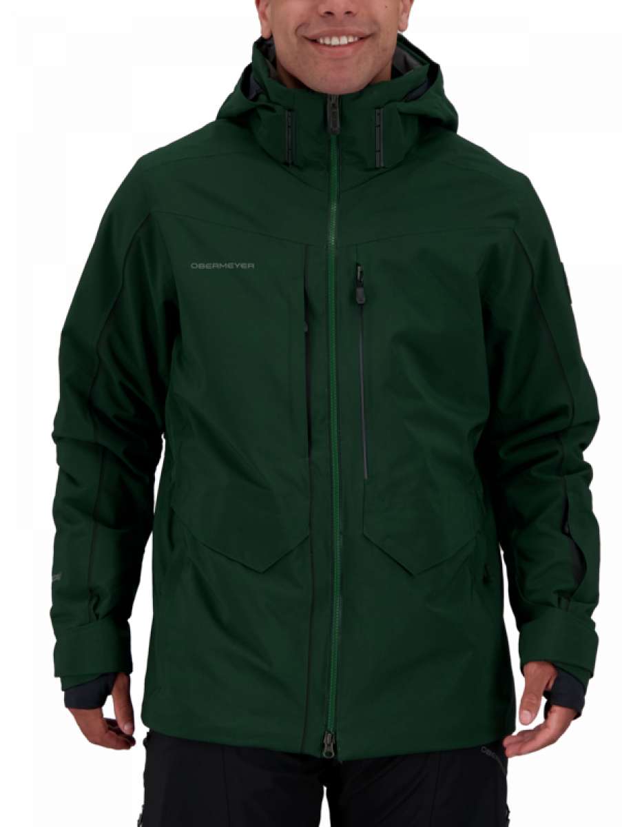 Obermeyer Kodiak Jacket 2022 - A dark green jacket with a hood and zippered pockets on both sides.