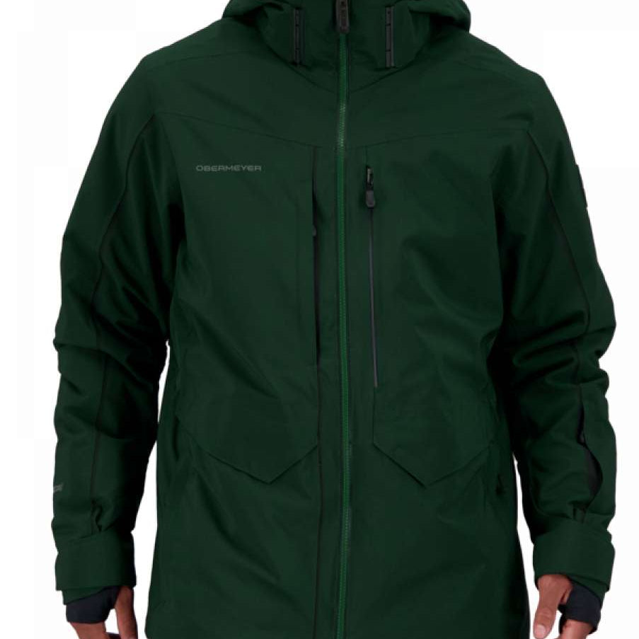Obermeyer Kodiak Jacket 2022 - A dark green jacket with a hood and zippered pockets on both sides.