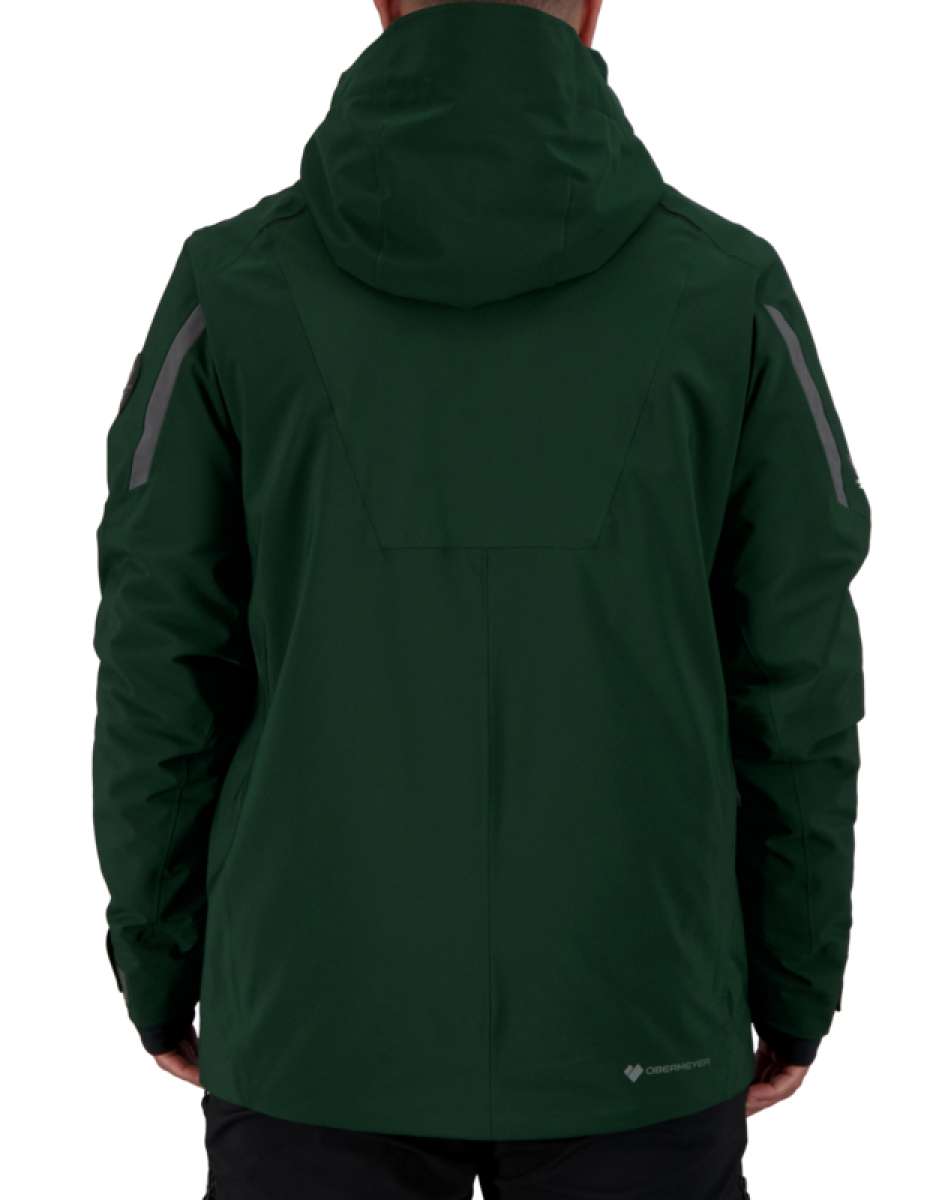 Obermeyer Kodiak Jacket 2022 - A dark green jacket with a hood, featuring reflective strips on both sleeves.
