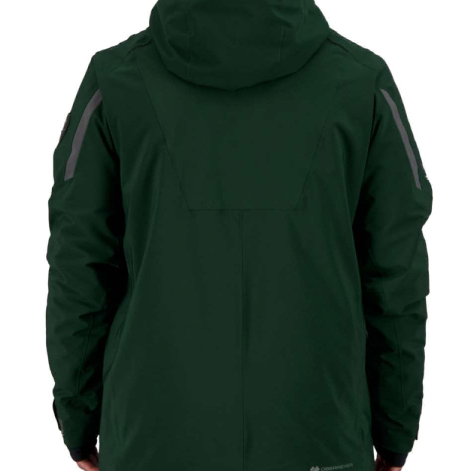 Obermeyer Kodiak Jacket 2022 - A dark green jacket with a hood, featuring reflective strips on both sleeves.