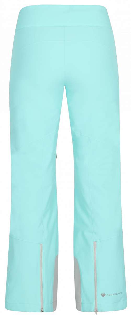 Obermeyer Women's Bliss Insulated Pant Short 2024 - Light blue pants with a subtle pattern of darker blue lines and white dots on the left leg, featuring a zipper at the bottom.
