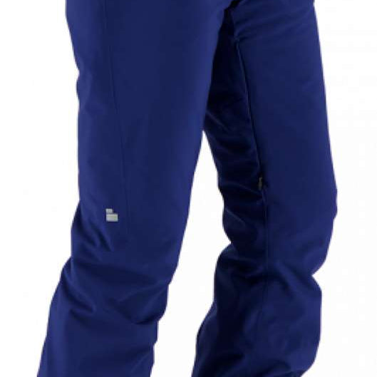 Obermeyer Women's Bliss Insulated Pant Short 2024 - A pair of navy blue ski pants with a zippered pocket on the left side, featuring a small silver zipper pull.