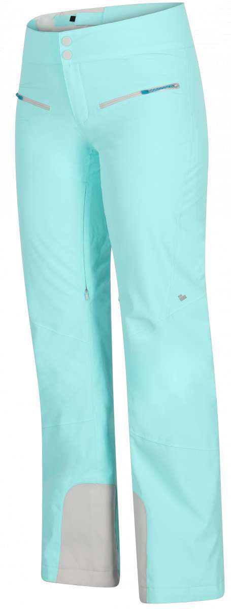 Obermeyer Women's Bliss Insulated Pant Short 2024 - Light blue pants with a small pocket on the right side and two buttons at the waist.