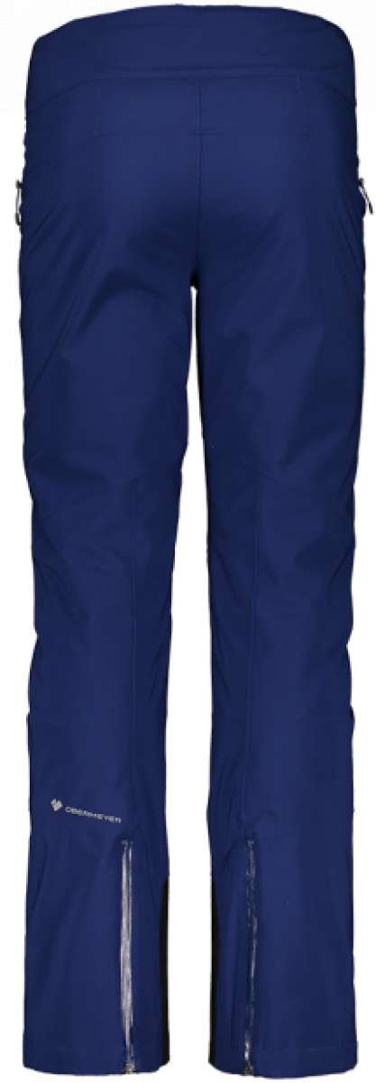 Obermeyer Women's Bliss Insulated Pant Short 2024 - A pair of dark blue women's insulated ski pants with a zippered pocket on the left thigh and adjustable Velcro straps at the waist.