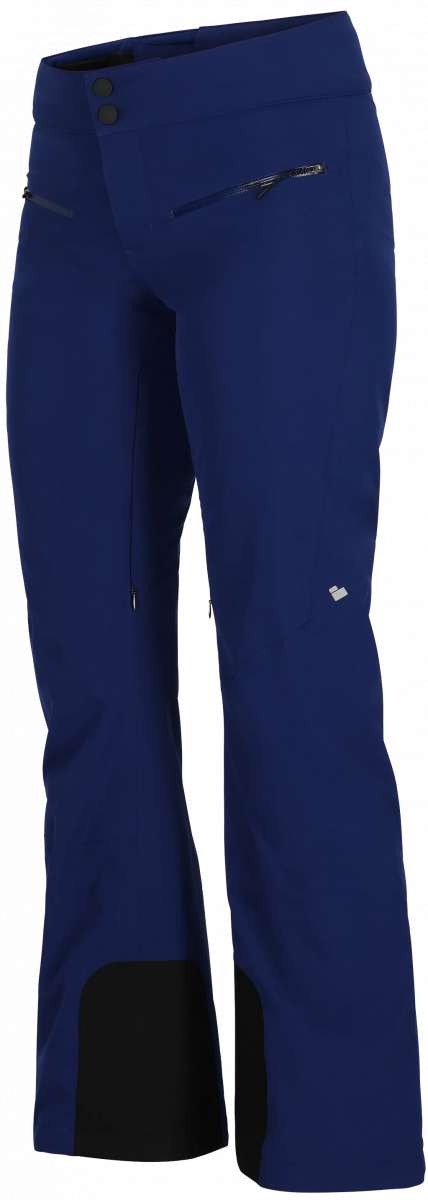 Obermeyer Women's Bliss Insulated Pants 2024 - Dark blue pants with two black buttons on the waistband, and a small zippered pocket on the right hip.
