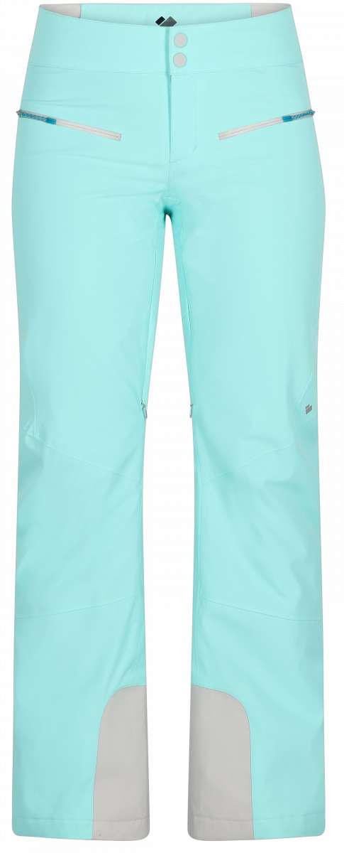 Obermeyer Women's Bliss Insulated Pants Tall 2024 - Light blue pants with a small black tag on the waistband, featuring two zippered pockets and a button fly.