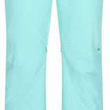 Obermeyer Women's Bliss Insulated Pants Tall 2024 - Light blue pants with a small black tag on the waistband, featuring two zippered pockets and a button fly.