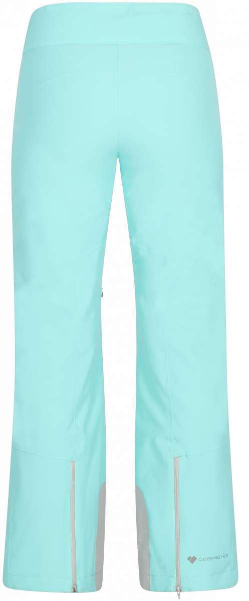 Obermeyer Women's Bliss Insulated Pants Tall 2024 - Light blue pants with a subtle pattern of darker blue lines and white dots, featuring a zippered pocket on the right thigh.