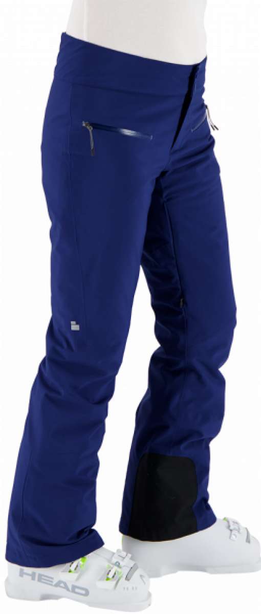 Obermeyer Women's Bliss Insulated Pants Tall 2024 - Dark blue pants with zippered pocket on left hip and reflective square logo near right knee.
