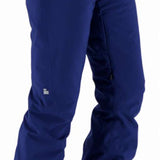 Obermeyer Women's Bliss Insulated Pants Tall 2024 - Dark blue pants with zippered pocket on left hip and reflective square logo near right knee.